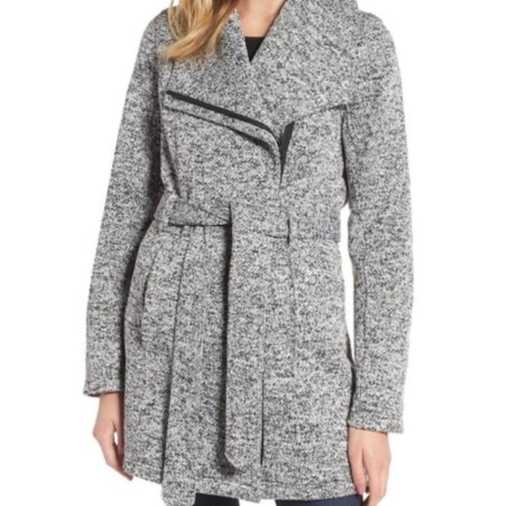 Steve Madden Black White Heathered Belted Coat Medium